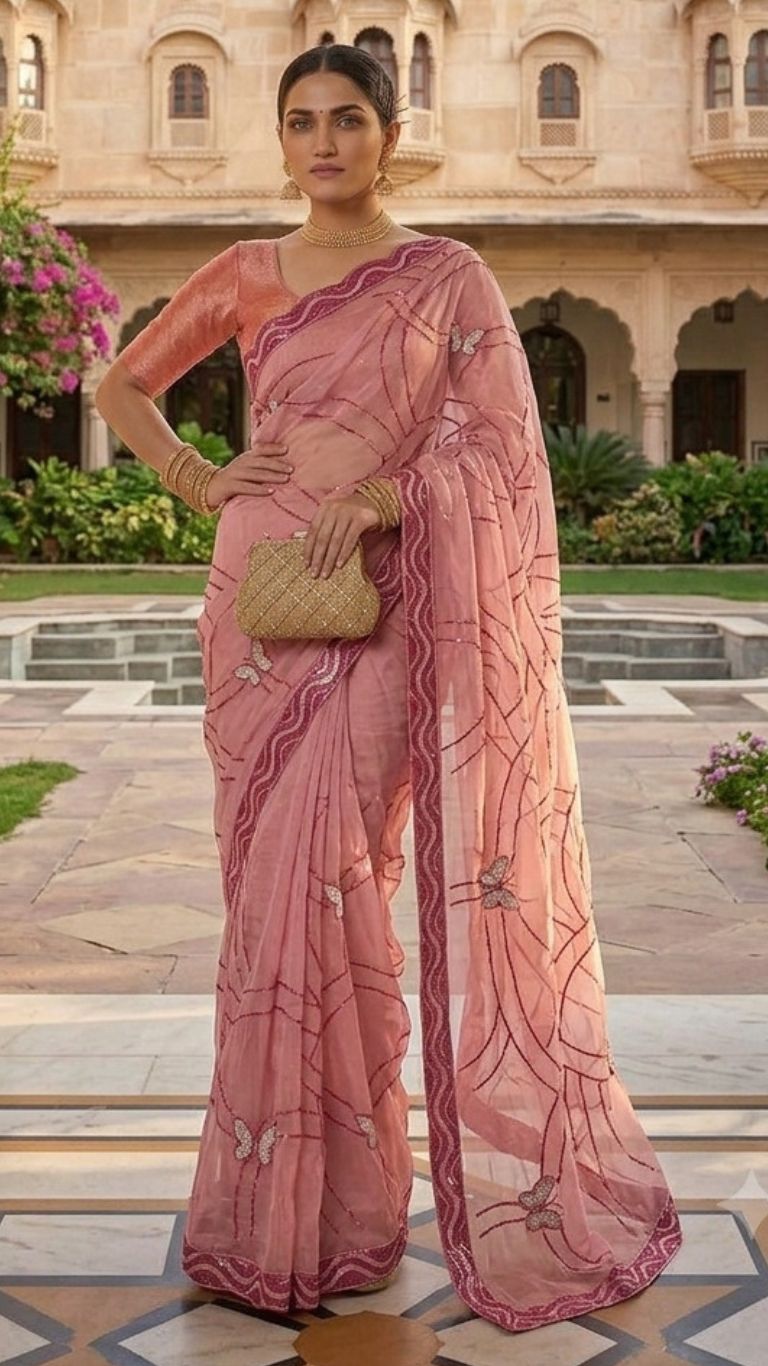 DESILUK Women’s Pink Printed Saree with Embroidered Border & Floral Motifs