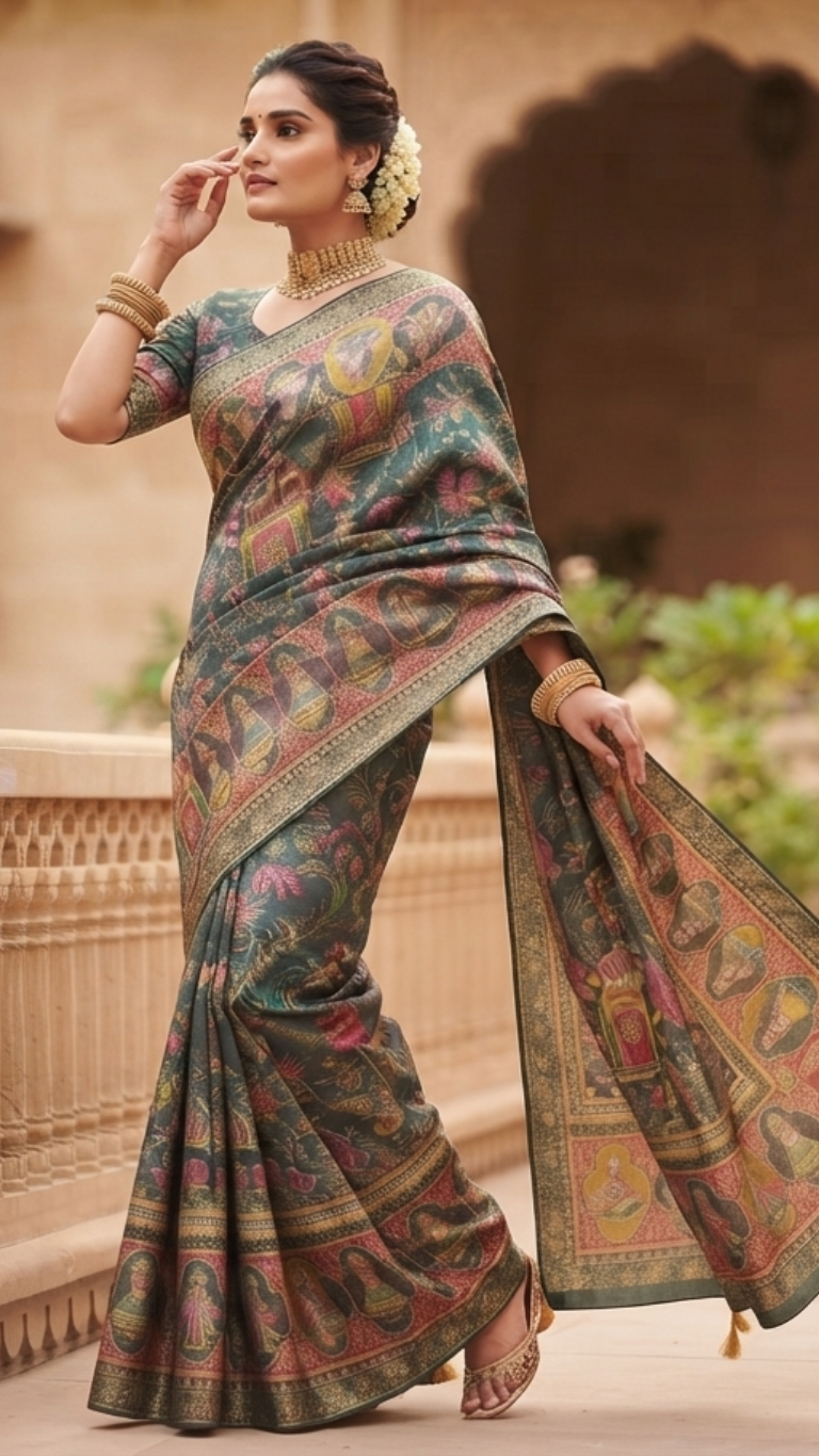 DESILUK Traditional Printed Art Silk Saree with Designer Border & Pallu