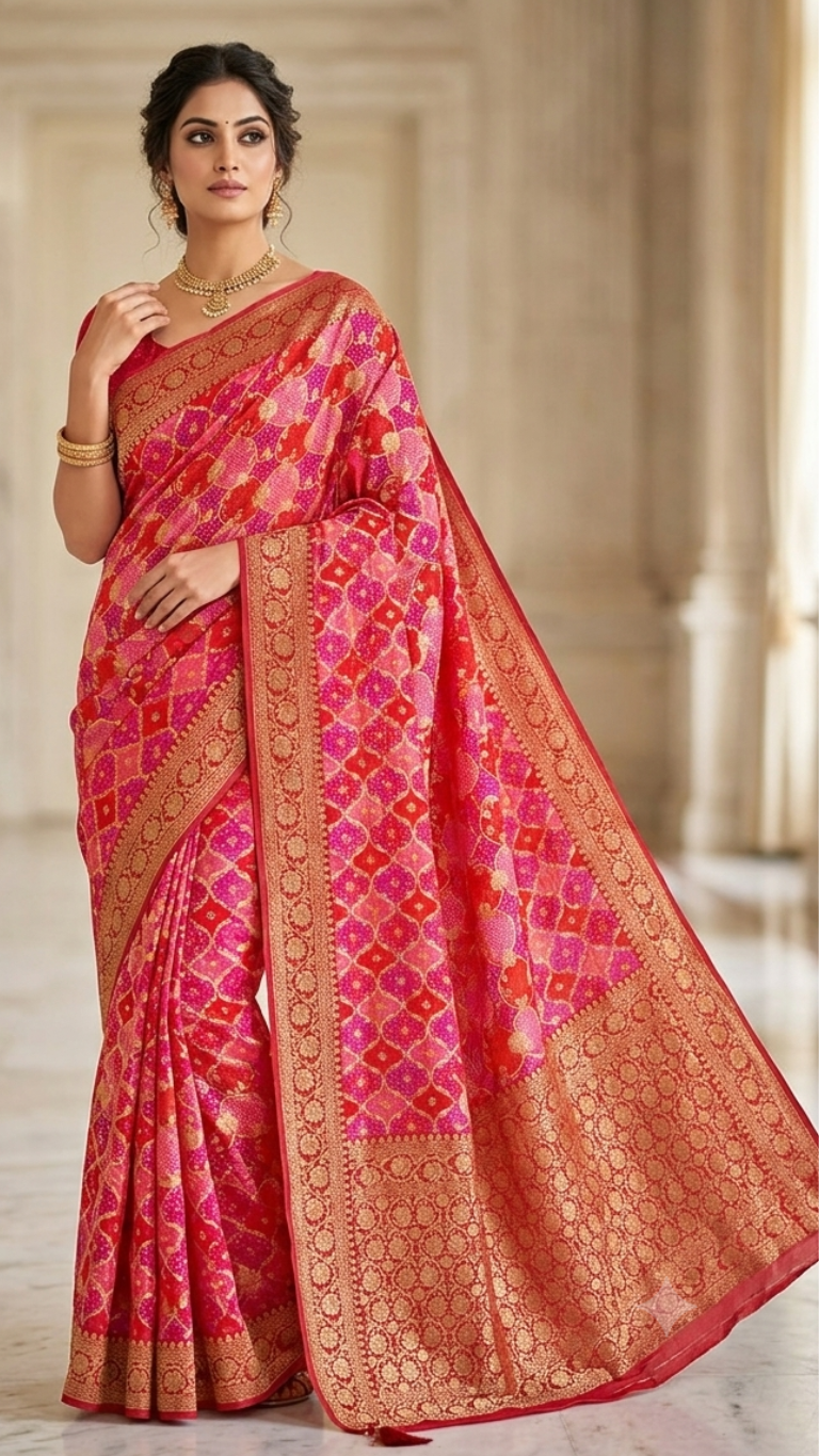 DESILUK Women’s Pink & Red Printed Art Silk Saree with Designer Border and Rich Pallu