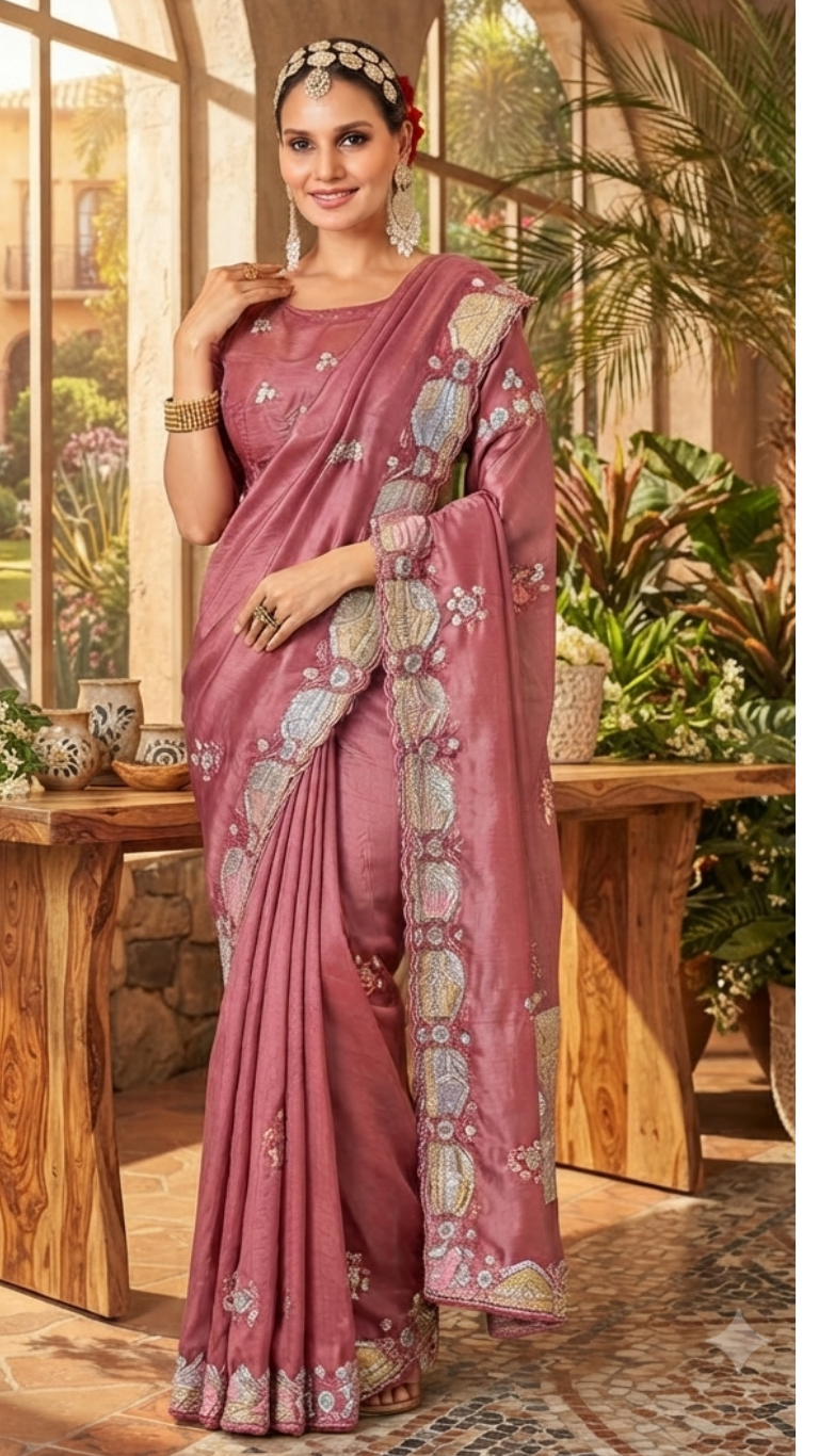 DESILUK Women’s Wine Pink Designer Saree with Embroidered Border & Elegant Pallu