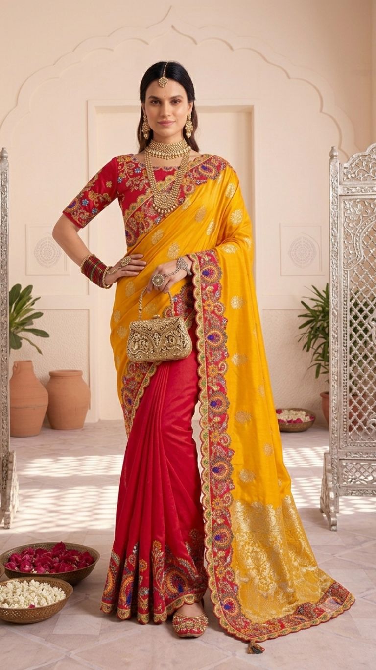 Designer Yellow & Red Silk Saree with Heavy Embroidered Border