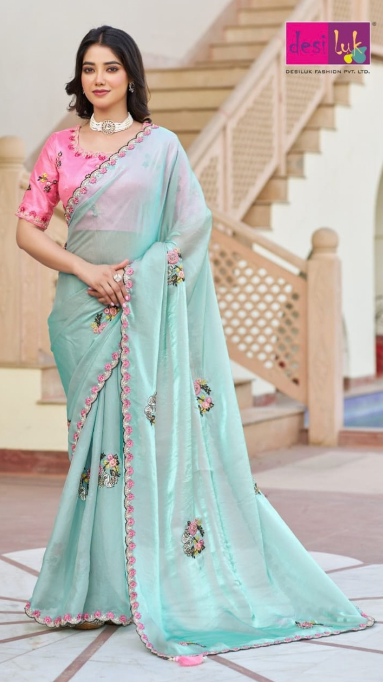 Embroidered Pastel Green Organza Silk Saree with Floral Border