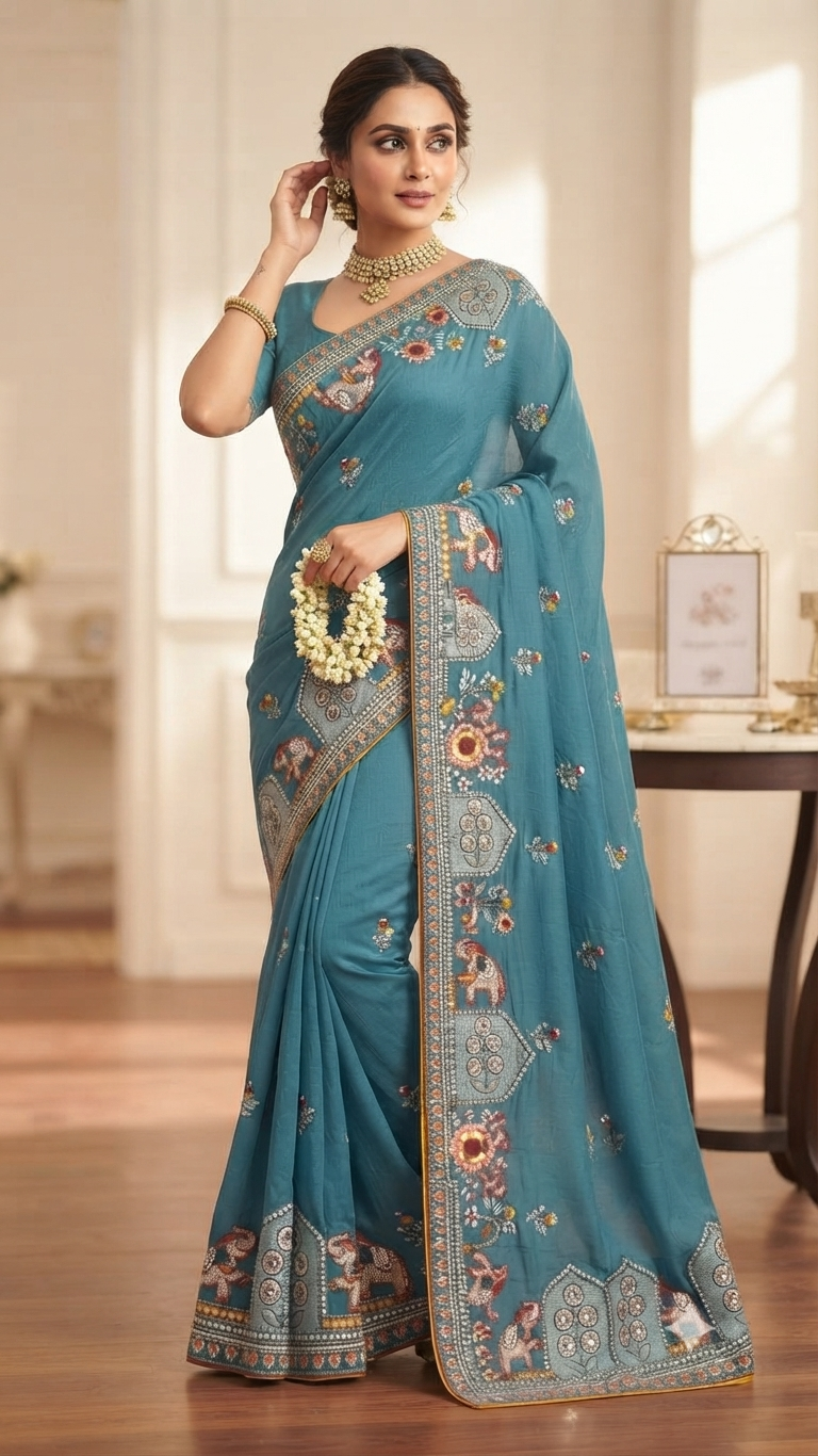 Embroidered Art Silk Saree with Floral & Elephant Border