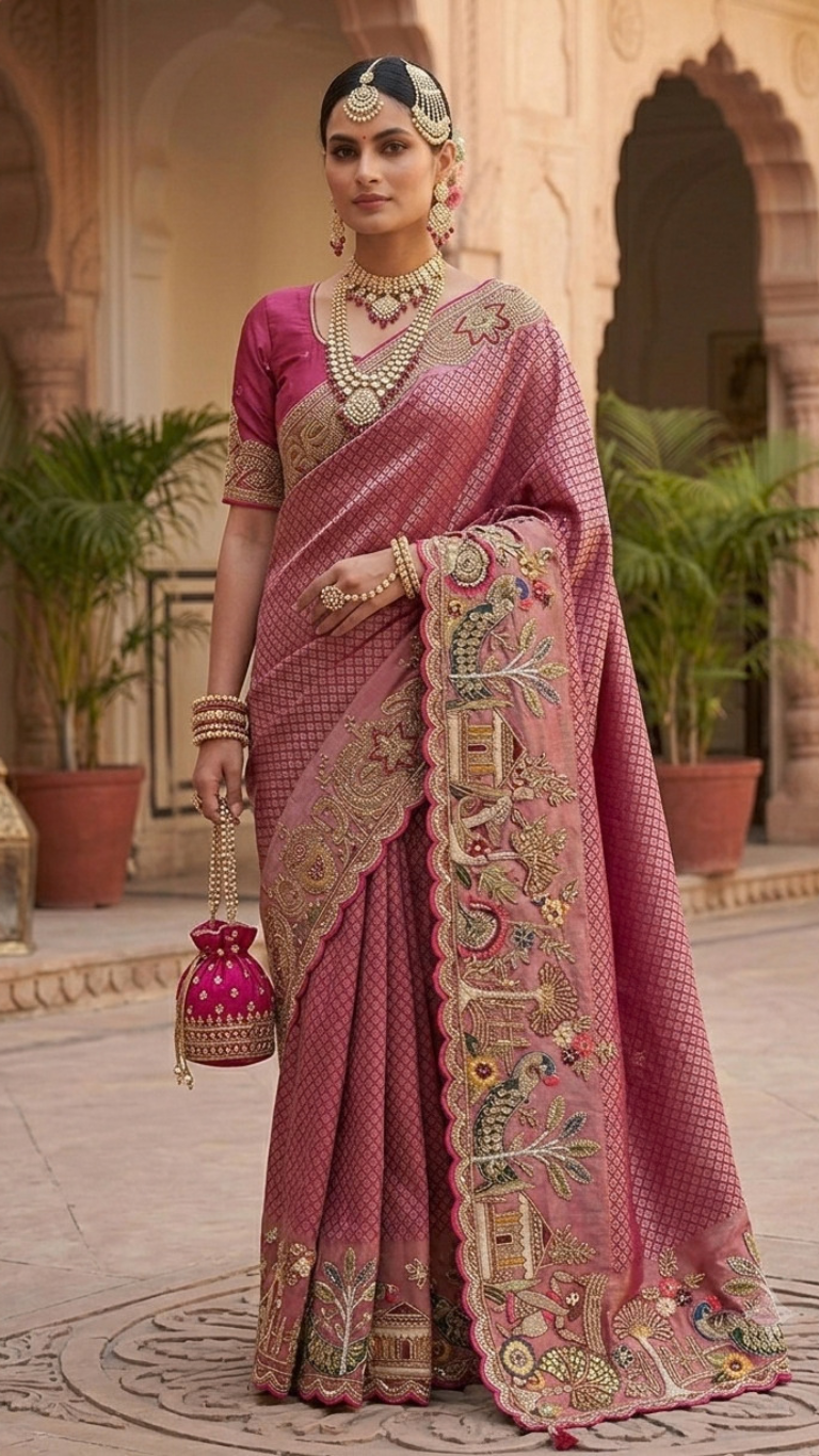 DESILUK Embroidered Art Silk Saree with Heavy Zari & Floral Border